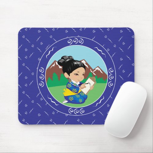 Cute Japanese Girl Painting Landscape Blue Mouse Pad