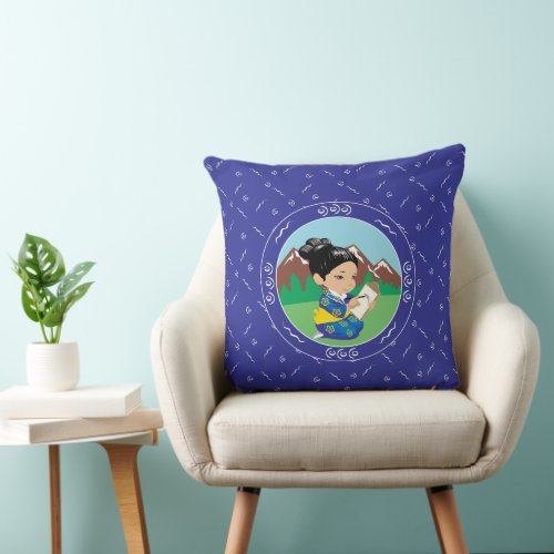 Cute Japanese Girl Painting Landscape Blue Throw Pillow