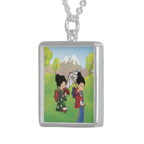 Cute Japanese Girls Walking Sterling Silver Necklace