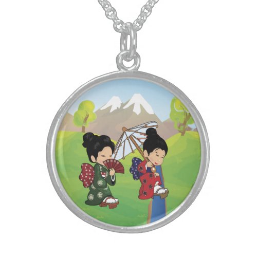 Cute Japanese Girls Walking Sterling Silver Necklace