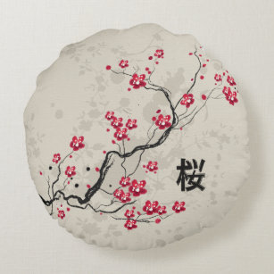 Cute japanese inspired sakura cherry blossom round pillow
