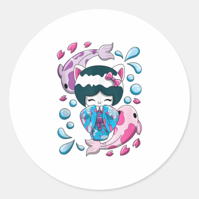Cute Japanese Kawaii Kokeshi Doll and Koi Fishes Classic Round Sticker (Front)