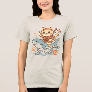 Cute Japanese Kawaii Samurai Cat Riding Shark Tri-Blend Shirt
