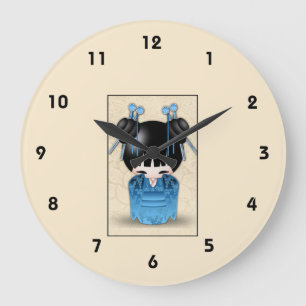 Cute Japanese Kokeshi Doll Dressed In Blue Large Clock