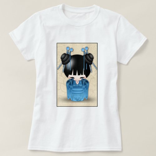 Cute Japanese Kokeshi Doll Dressed In Blue T_Shirt