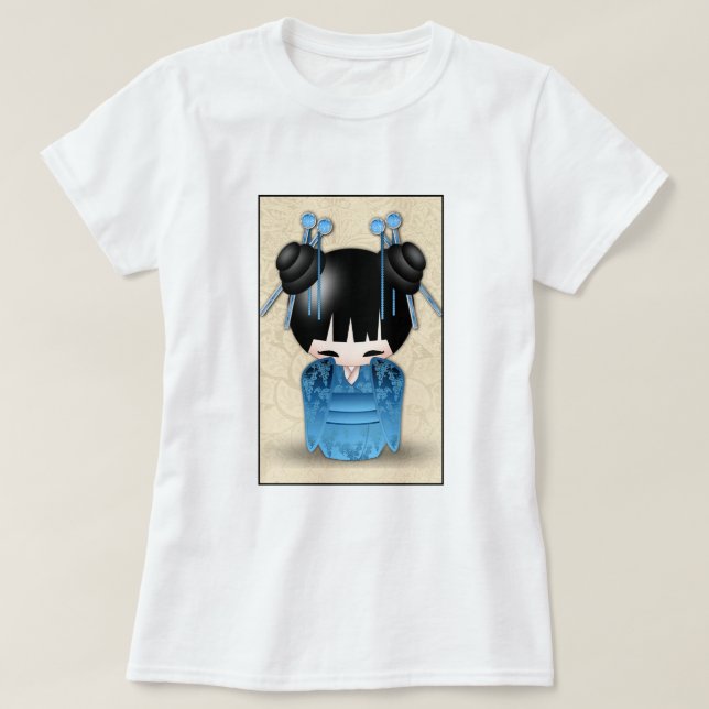 Cute Japanese Kokeshi Doll Dressed In Blue T-Shirt (Design Front)