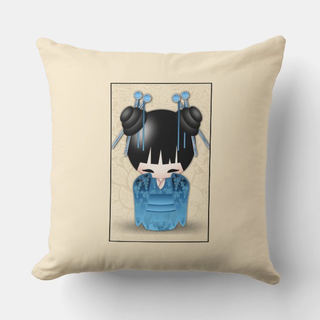 Cute Japanese Kokeshi Doll Dressed In Blue Throw Pillow (Front)