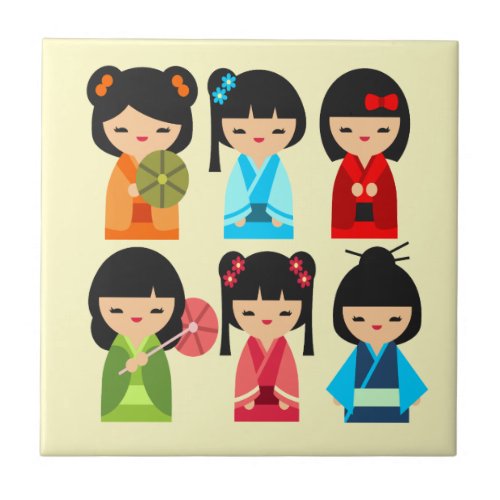 Cute Japanese Kokeshi doll pattern Ceramic Tile