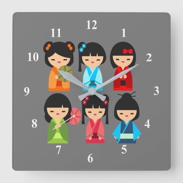 Cute Japanese Kokeshi doll pattern Square Wall Clock (Front)
