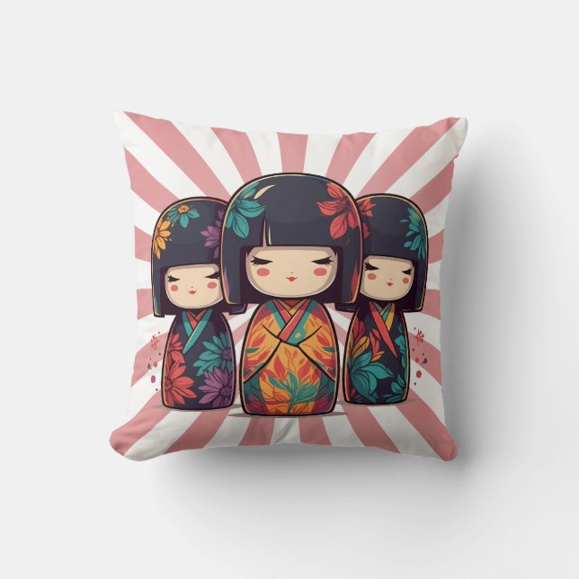 Cute Japanese Kokeshi Dolls Throw Pillow (Front)
