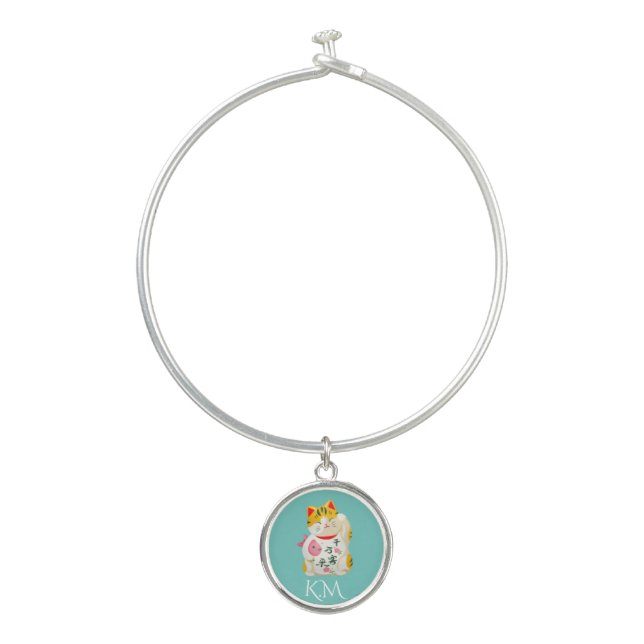 Cute Japanese Lucky Cat Monogram Bangle Bracelet (Front)