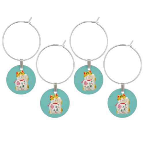 Cute Japanese Lucky Cats Teal Wine Charm