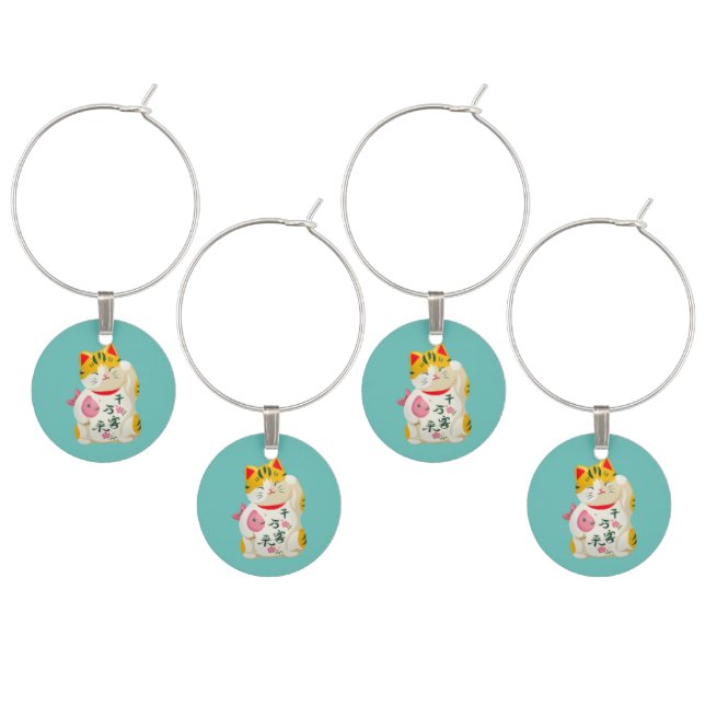 Cute Japanese Lucky Cats Teal Wine Charm (Staggered)