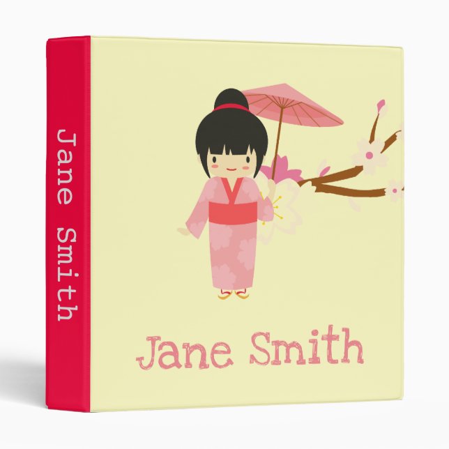 Cute Japanese pink Cherry Blossom Geisha 3 Ring Binder (Front/Spine)