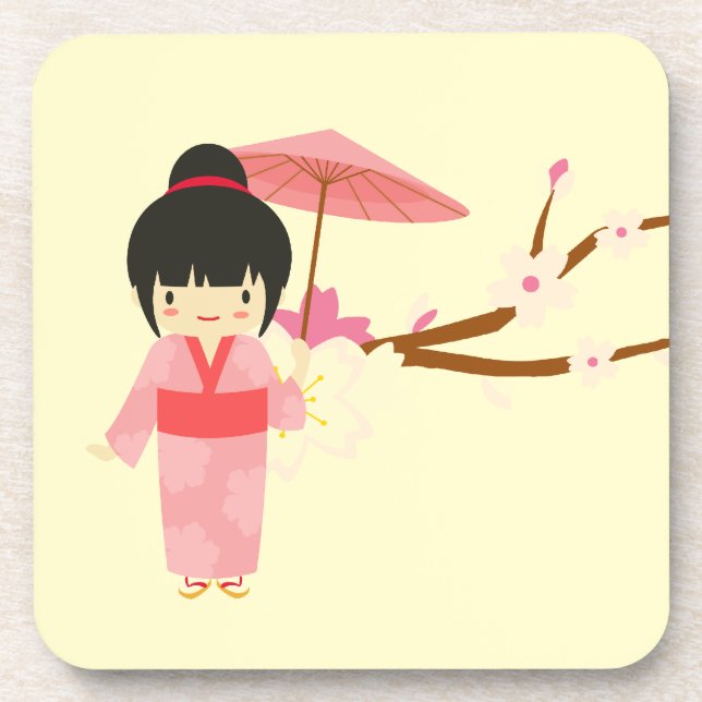 Cute Japanese pink Cherry Blossom Geisha Beverage Coaster (Front)