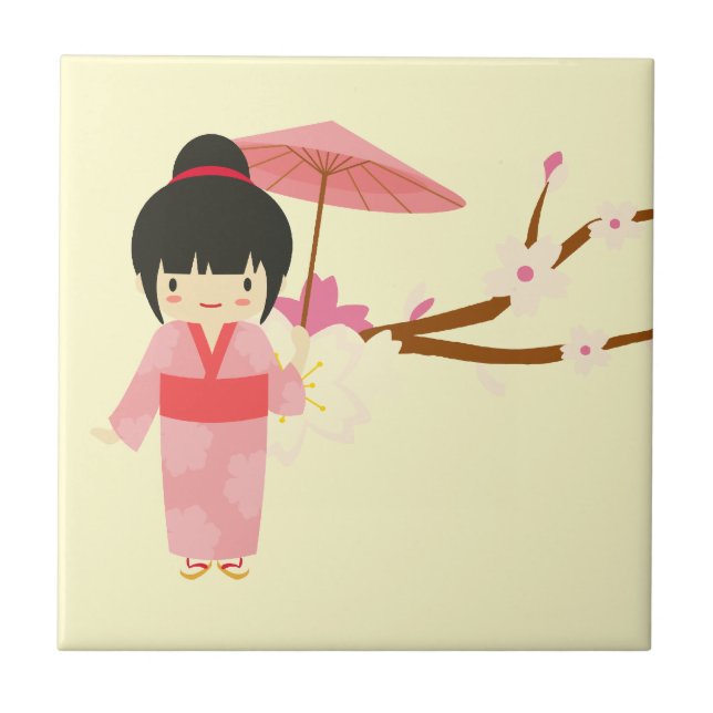 Cute Japanese pink Cherry Blossom Geisha Ceramic Tile (Front)