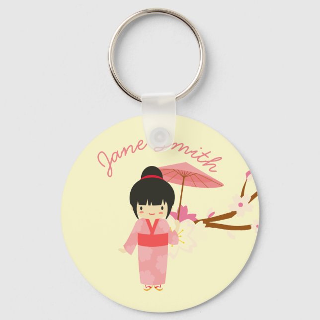 Cute Japanese pink Cherry Blossom Geisha Keychain (Front)