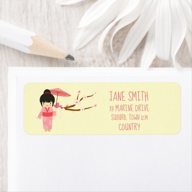 Cute Japanese pink Cherry Blossom Geisha Label (Insitu)