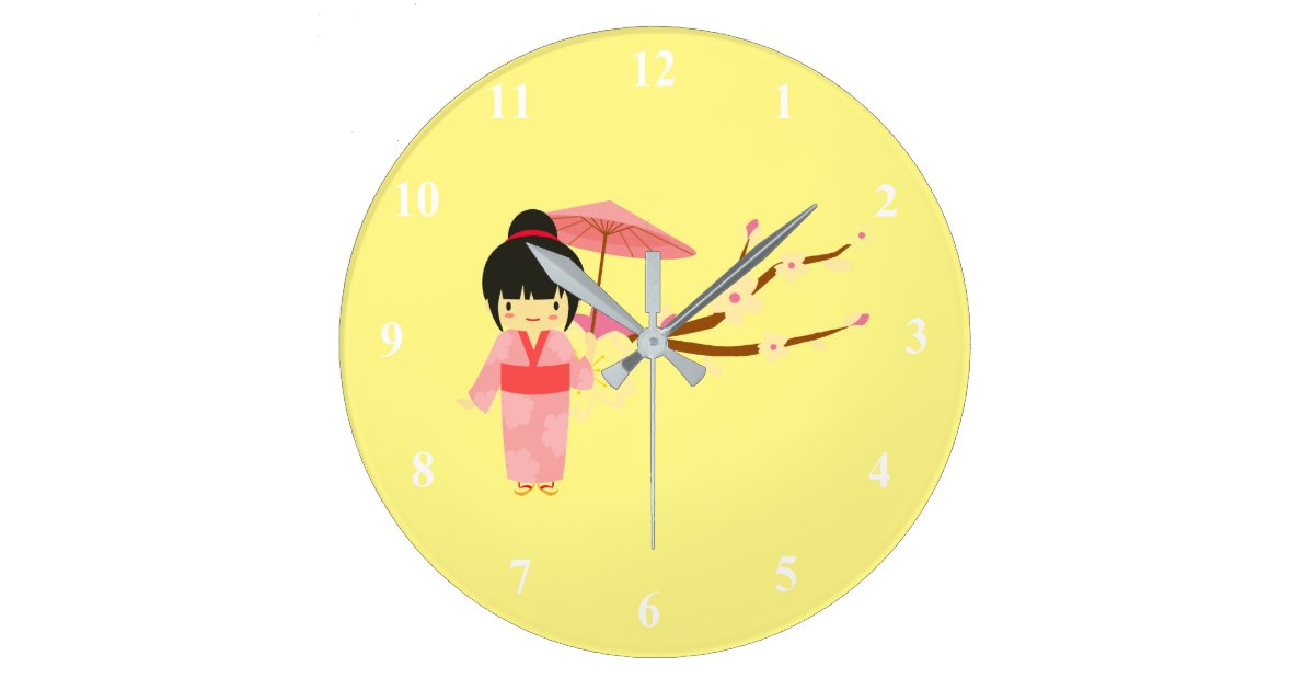 Cute Japanese Pink Cherry Blossom Geisha Large Clock Zazzle Com Pink cherry jar element pink cherry blossom petal beautiful cherry blossoms falling three vertical banner for happy chinese new year 2020 lunar new year with cherry blossom and mouse pink cherry tree cherry blossom. zazzle