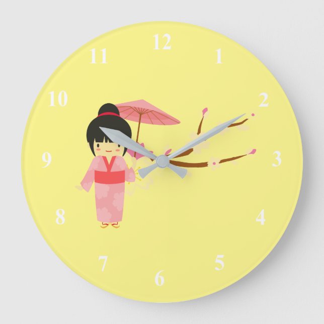 Cute Japanese pink Cherry Blossom Geisha Large Clock (Front)