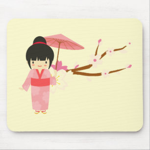 Cute Japanese pink Cherry Blossom Geisha Mouse Pad