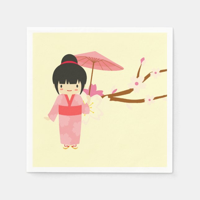 Cute Japanese pink Cherry Blossom Geisha Napkins (Front)
