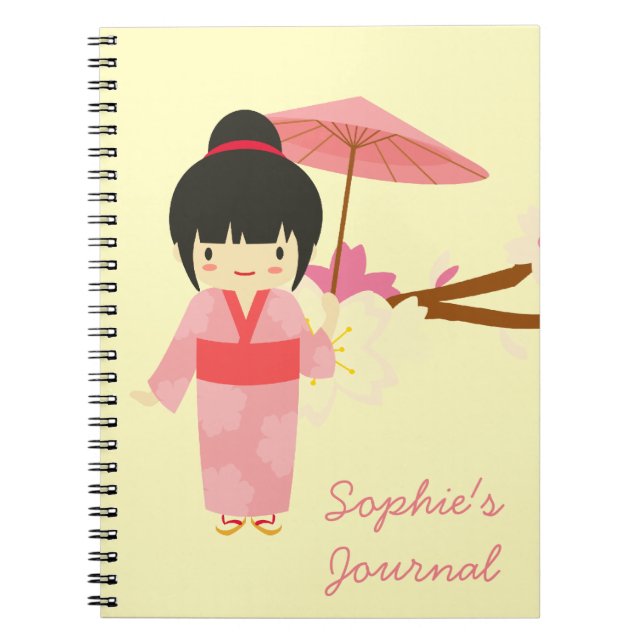 Cute Japanese pink Cherry Blossom Geisha Notebook (Front)