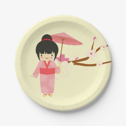 Cute Japanese pink Cherry Blossom Geisha Paper Plates