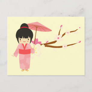 Cute Japanese pink Cherry Blossom Geisha Postcard