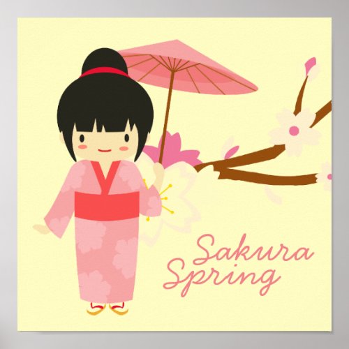 Cute Japanese pink Cherry Blossom Geisha Poster