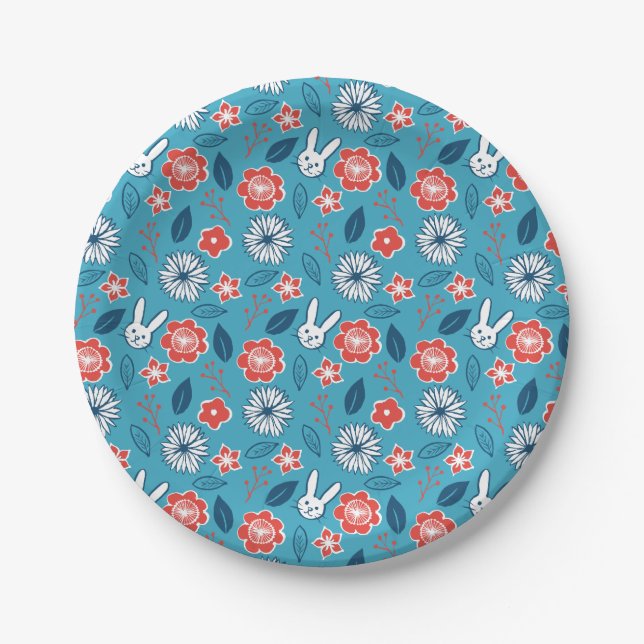 Cute Japanese Rabbit and Flower Pattern Paper Plates (Front)