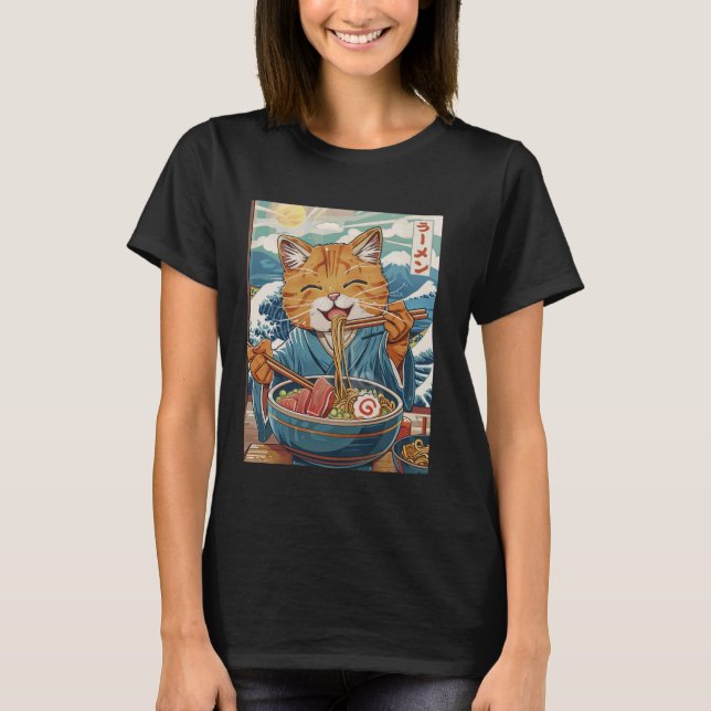 Cute Japanese Ramen Cat The Great Wave T-Shirt (Front)