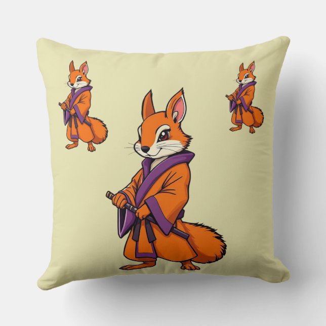 Cute Japanese Samurai Squirrel Throw Pillow (Back)