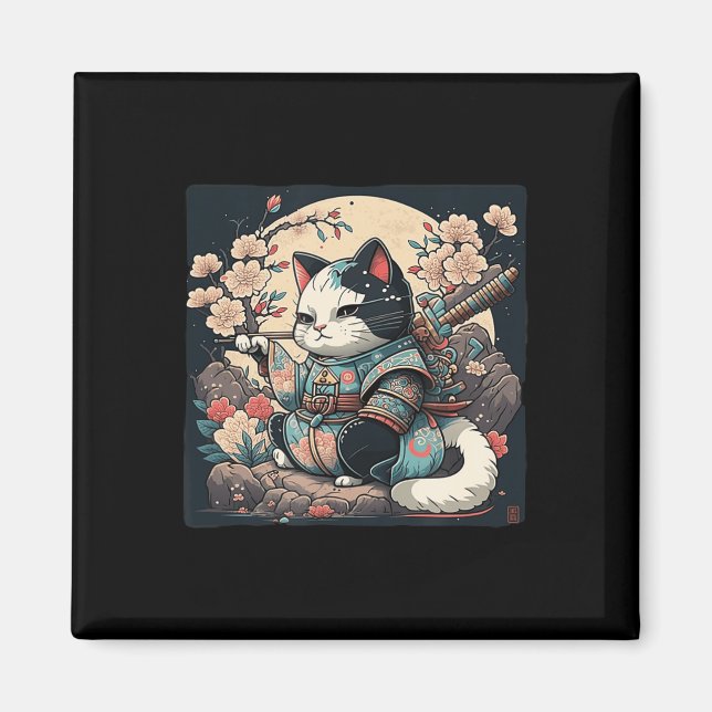 Cute Japanese Style Samurai Cat Kitten Anime Magnet (Front)