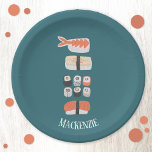 Cute Japanese Sushi Custom Name Paper Plates<br><div class="desc">Delicious sushi,  nigiri and maki roll Japanese food design. Personalize by changing or removing the name.  Original art by Nic Squirrell.</div>