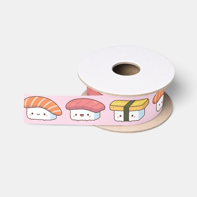 Cute Japanese Sushi Food Doodles Pink Satin Ribbon (Spool)