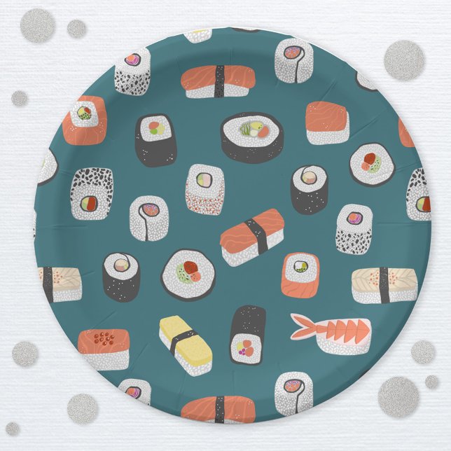 Cute Japanese Sushi Pattern Paper Plates (Sushi Japanese food art paper plate)