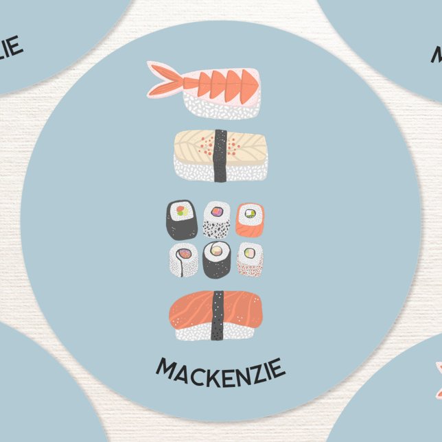 Cute Japanese Sushi Personalized Classic Round Sticker (Fun Japanese sushi themed personalized sticker)
