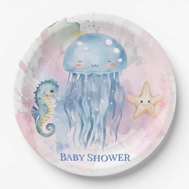Cute Jellyfish and Friends Pastel Baby Shower Paper Plates (Front)