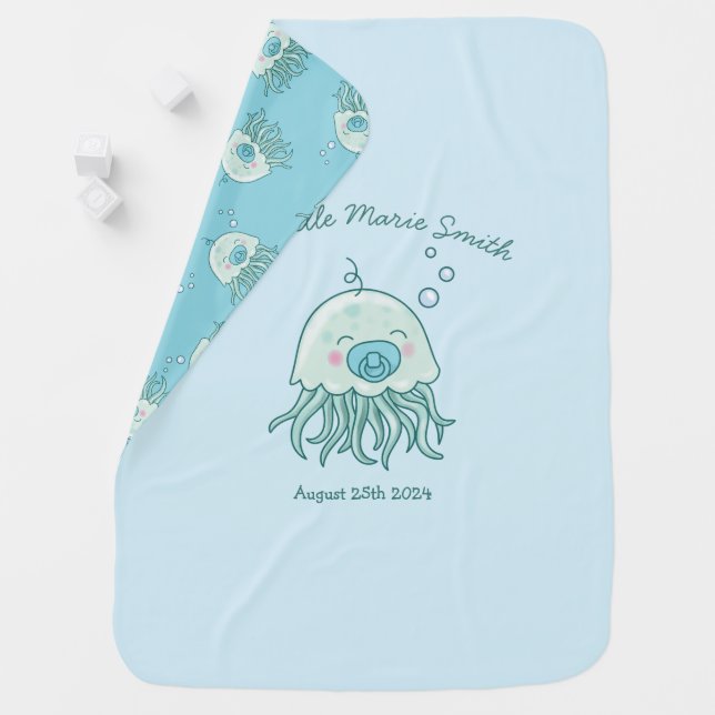 Cute Jellyfish Baby Shower Kawaii Blue Boy Baby Blanket (In Situ)