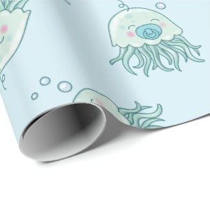 Cute Jellyfish Baby Shower Kawaii Blue Boy Wrapping Paper