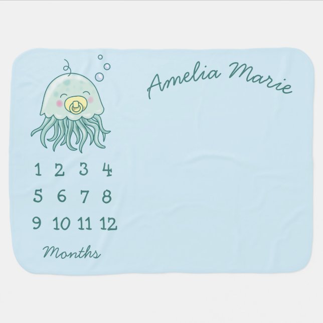 Cute Jellyfish Baby Shower Kawaii Milestone Baby Blanket (Horizontal)