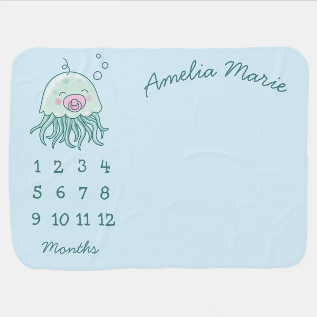 Cute Jellyfish Baby Shower Milestone Pink Girl Baby Blanket (Horizontal)