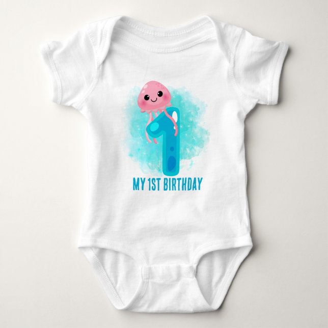 cute Jellyfish first Birthday add text  Baby Bodysuit (Front)