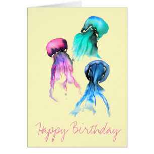 Cute jellyfish trio watercolor art cards