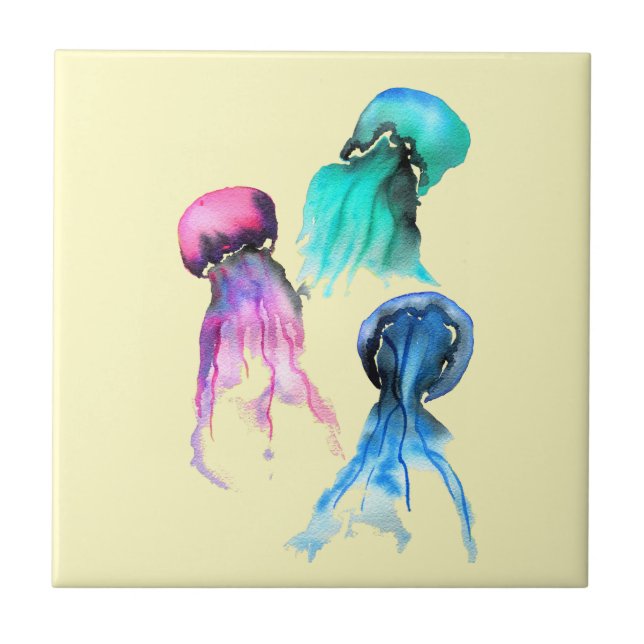 Cute jellyfish trio watercolor art ceramic tile (Front)