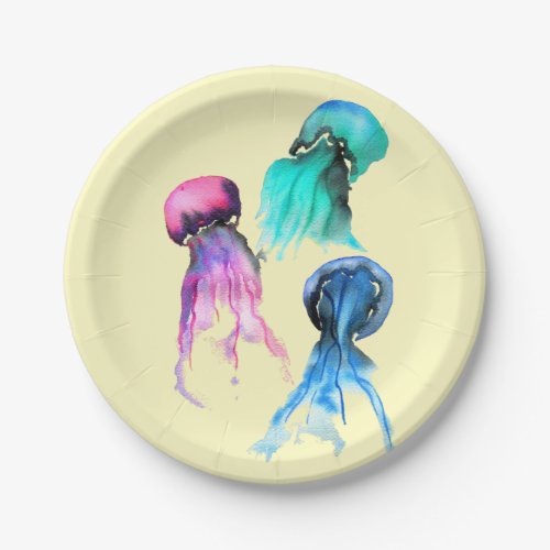 Cute jellyfish trio watercolor art paper plates