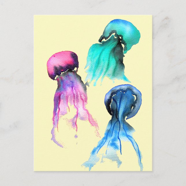 Cute jellyfish trio watercolor art postcard (Front)