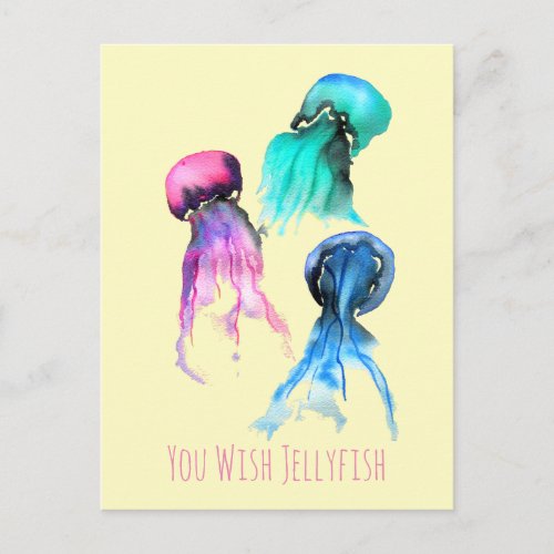 Cute jellyfish trio watercolor art postcard