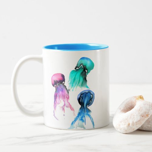 Cute jellyfish trio watercolor art Two_Tone coffee mug